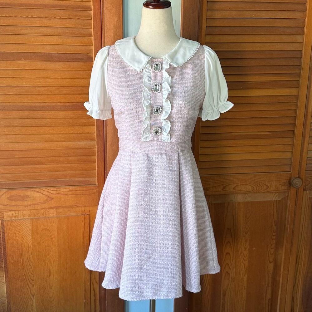 J-fashion Ank Rouge Jirai Kei Rosangata Gyaru Harajuku Pink Tweed Dress M